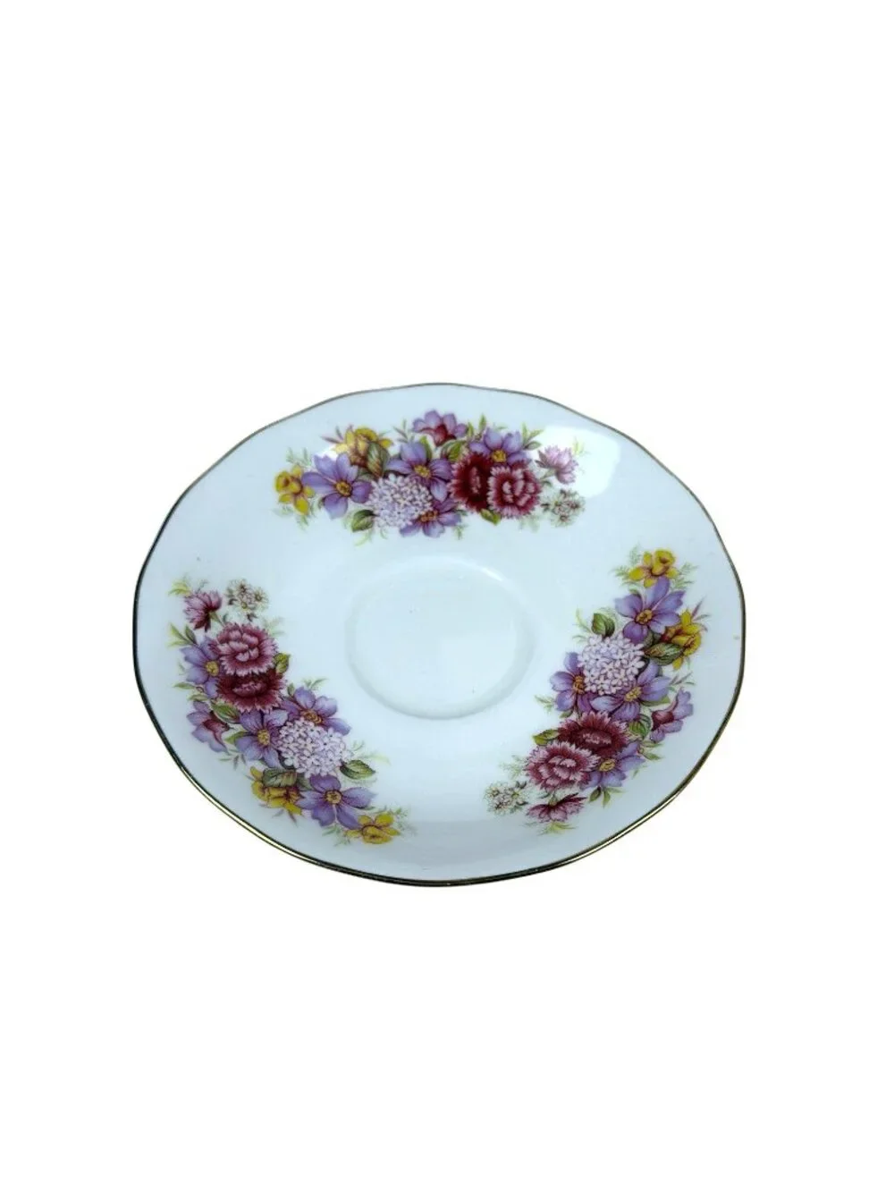 Vintage Queen Anne Fine Bone China Teacup Saucer Purple Red Floral Gold Trim